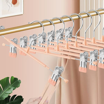HWAJAN 10PACK 14Inch Pants Hangers with Clips Adjustable Skirt Hangers for Women Metal Non-Slip Trousers Hanger Heavy Duty Space Saving Clothes Hanger for Shorts,Jeans,Coral Pink