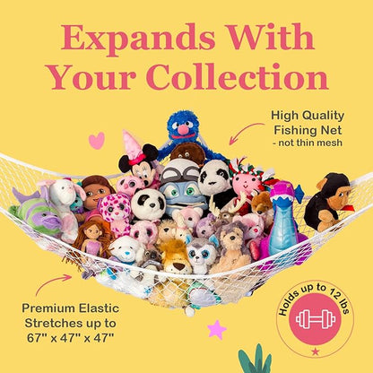Lilly's Love Stuffed Animal Hammock | Corner Hanging Organizer, Toy Storage, Stuffed Animal Storage Net | Made from Quality Fishing Net, Holds 12lbs | 67"x47"x47" (Pastel Purple, 2 Pack)