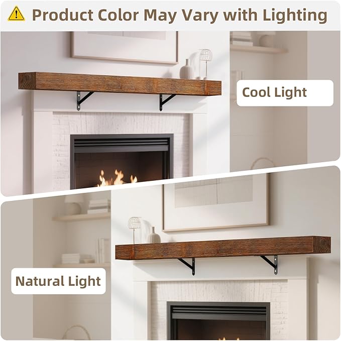 ROOMTEC Fireplace Mantel with L-Shaped Brackets,72" Wood Fireplace Shelves,Wall Mounted Shelving,Handcrafted Brack, 72" x 8" x 3", Wood Brown