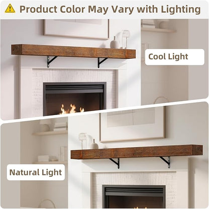 ROOMTEC Fireplace Mantel with L-Shaped Brackets,72" Wood Fireplace Shelves,Wall Mounted Shelving,Handcrafted Brack, 72" x 8" x 3", Wood Brown