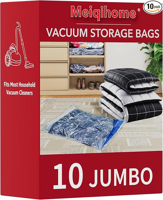 Vacuum Storage Bags 10 Jumbo, Plastic Packaging Bags,Space Saver Bags for Clothes, Pillows, Comforters, Blankets, Bedding