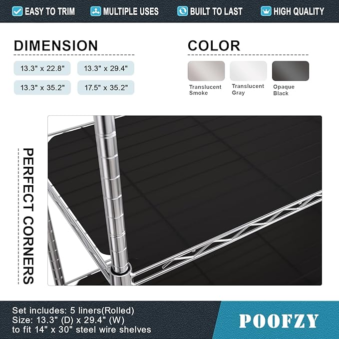 Poofzy Wire Shelf Liner 14 x 36, Set of 5 Shelf Liners for Wire Shelving Plastic Non-Adhesive for Pantry, Kitchen Cabinets (Black)