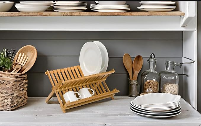 Bamboo Dish Drying Rack for Kitchen Counter, 2-Tier Collapsible Foldable Dish Drainer, Space-Saving Wooden Organizer for Dishes, Plates, Cups, Housewarming Gift