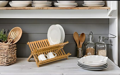 Bamboo Dish Drying Rack for Kitchen Counter, 2-Tier Collapsible Foldable Dish Drainer, Space-Saving Wooden Organizer for Dishes, Plates, Cups, Housewarming Gift