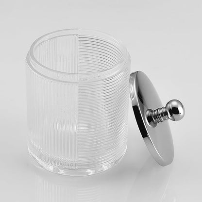Indecor Home Clear Transparent Apothecary Ribbed Geometric Etched Glass Jar W/Silver/Chrome Metal Lid Cover for Bathroom Organization, Cotton Balls, Q Tips, and Small Accessories, Bathroom Storage