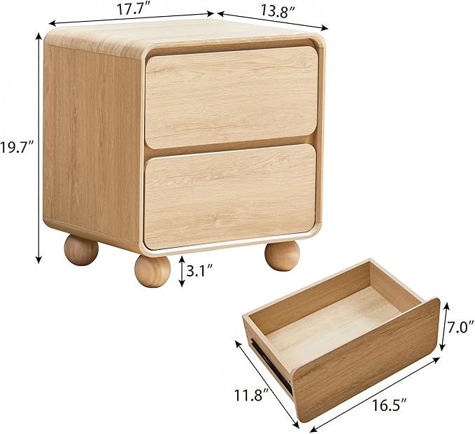Small Night Stand Set of 2, Mid Century Modern Nightstands with 2 Drawers and Solid Wood Legs, 2 Drawer Dresser Curved Profile Design End Table Side Table for Small Space, Dorm, Bedroom(Natural)