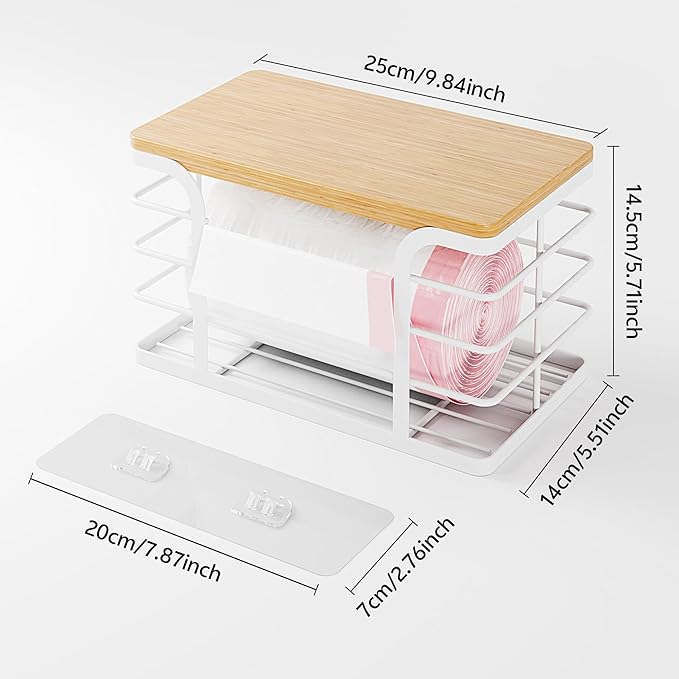 Trash Bag Holder Dispenser with Bamboo Top,Wall Mount Garbage Bag Dispenser,Stackable Storage Suitable for Garbage Bags of 100 Rolls under 13 Gallons,White Small