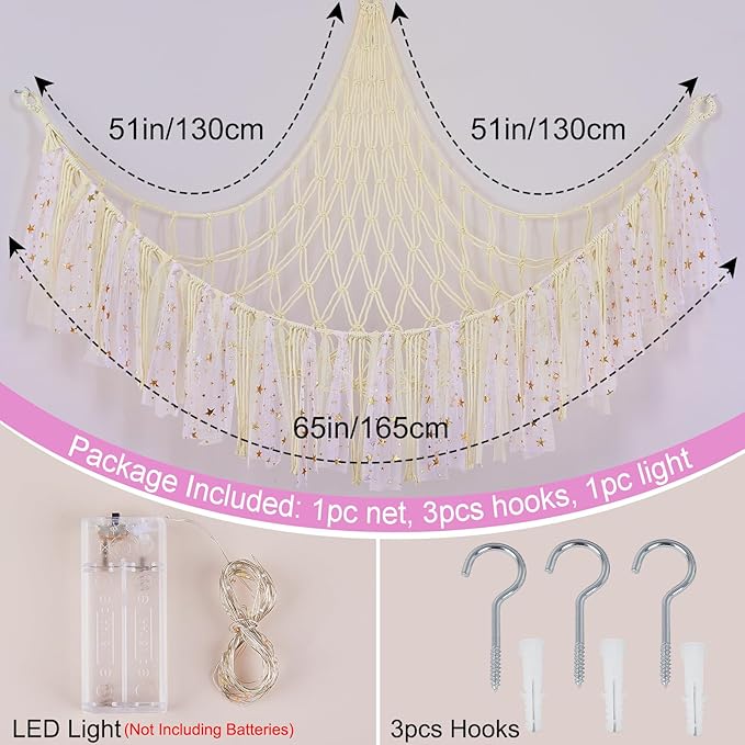 FIOBEE Stuffed Animals Net or Hammock with LED Light, Toy Hammock Hanging Stuffed Animals Storage Organizer Holder Room Décor for Nursery Kids Bedroom