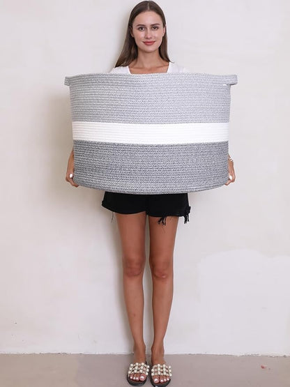 24" x 24" x 17" Mega Size Extra Large Storage Basket, Cotton Rope Storage Baskets, Woven Hamper, Cloth Storage Bin, for Clothes Blanket, Dual Grey