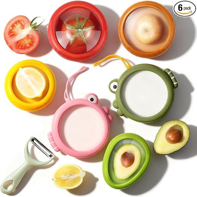Set of 6 Fresh Food Containers with 1 Fruit Peeler, Fresh Pod, Reusable Silicone Storage Pods for Avocado, Onions, Tomatoes, Garlic – Freshness Seal for Fridge, Send Goods from Local Warehouse