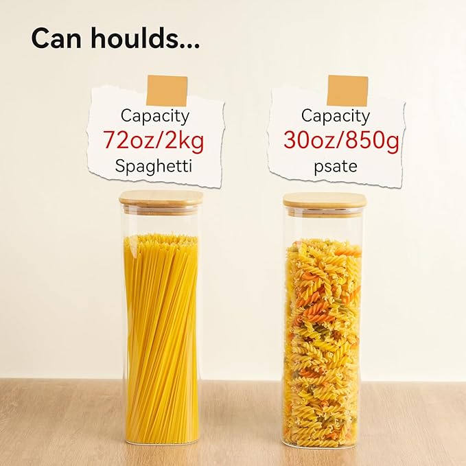 Glass Spaghetti Pasta Storage Container - 3 Pack 82 OZ Airtight Food Storage jar with Bamboo Lid Labels - Tall Square Kitchen Pantry Canister Set for Noodle Cookies Flour Cereal Coffee Bean