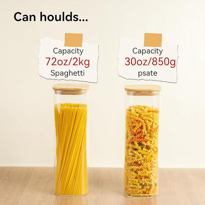 Glass Spaghetti Pasta Storage Container - 3 Pack 82 OZ Airtight Food Storage jar with Bamboo Lid Labels - Tall Square Kitchen Pantry Canister Set for Noodle Cookies Flour Cereal Coffee Bean