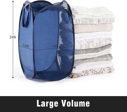 TECHMILLY Collapsible Mesh Pop Up Laundry Hamper with Sturdy Handles and Side Pocket - Portable Foldable Clothes Baskets for Dorm, Bathroom & Travel Storage (with Drawstring, Blue)