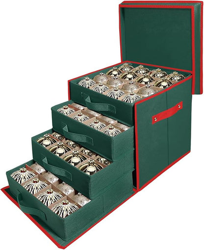 WDZREE Premium Large Christmas Ornament Storage,Box with Side Open, Drawer Style Trays - 3" Compartment, 4 Trays, Keeps 64 Holiday Ornaments -Made of Durable 600D Oxford Fabric Tear-Proof Material