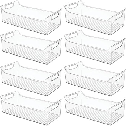mDesign Slim Plastic Kitchen Pantry Cabinet, Fridge or Freezer Storage Bin with Handles - Organizer Containers for Fruit, Yogurt, Snacks, Pasta - 16" Long - Ligne Collection - 8 Pack - Clear