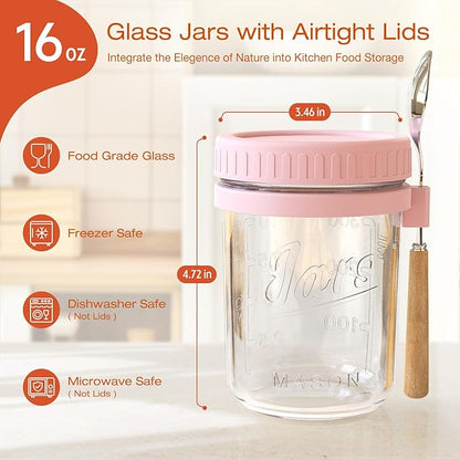 HomArtist 16oz Overnight Oats Containers with Lids and Spoons, 6 Pack Wide Mouth Mason Jars with Airtight Lids, Overnight Oats Jars for Salad, Chia Seed, Cereal, Yogurt