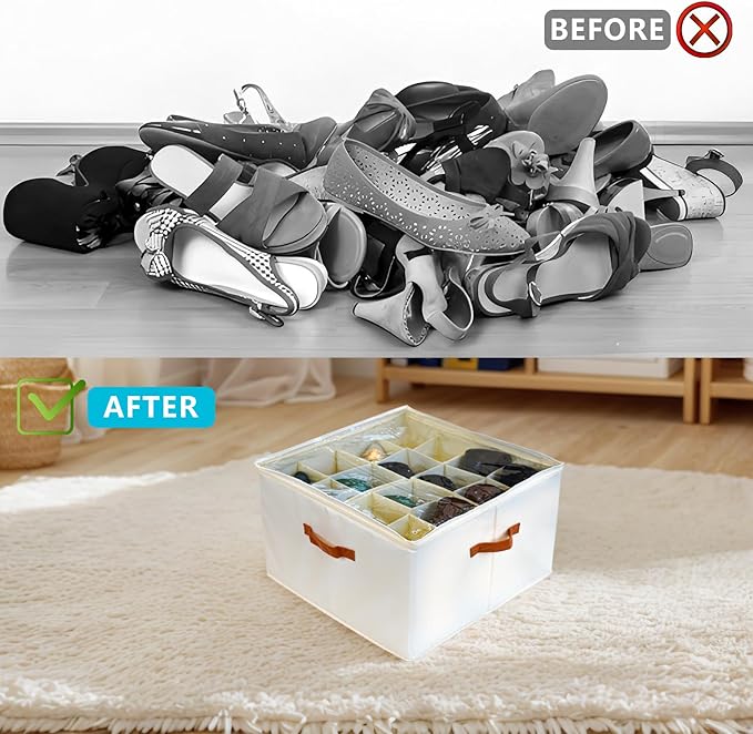 SEIUGDEF Shoe Organizer for Closet with Adjustable Dividers & Clear Cover - Fits up to 16 Pairs, Foldable Storage Box (Beige)