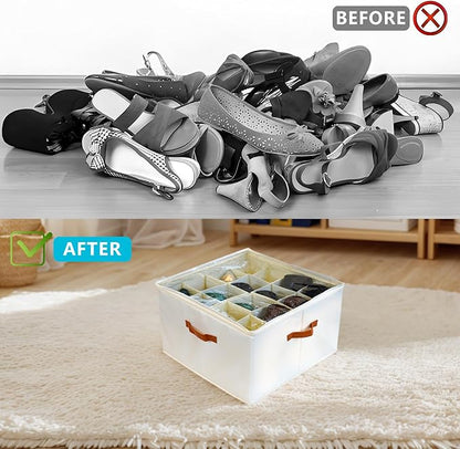 SEIUGDEF Shoe Organizer for Closet with Adjustable Dividers & Clear Cover - Fits up to 16 Pairs, Foldable Storage Box (Beige)