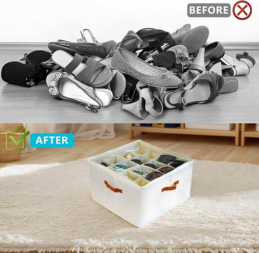 SEIUGDEF Shoe Organizer for Closet with Adjustable Dividers & Clear Cover - Fits up to 16 Pairs, Foldable Storage Box (Beige)