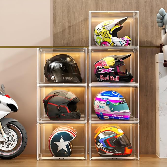 GUDEMAY Large Clear Stackable Plastic Storage Bins with Door, Dustproof Figure Collectibles Display Case, Football & Motorcycle Helmet Showcase, Basketball, Sports Memorabilia Organizer (XL, Count, 3)