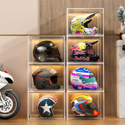 GUDEMAY Large Clear Stackable Plastic Storage Bins with Door, Dustproof Figure Collectibles Display Case, Football & Motorcycle Helmet Showcase, Basketball, Sports Memorabilia Organizer (XL, Count, 3)