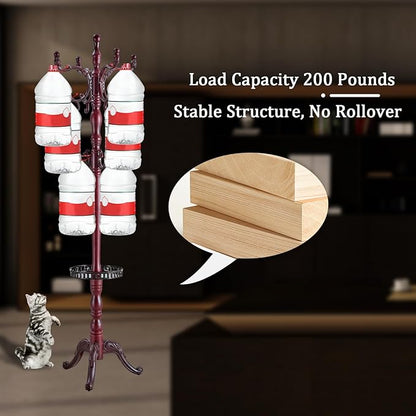Coat Racks FreeStanding with 14 Hooks, Natural Wood Coat Rack with Solid Round Base, Adjustable Height Coat Racks, Easy Assembly for Hallway, Bedroom and Office (Reddish brown-Tray)