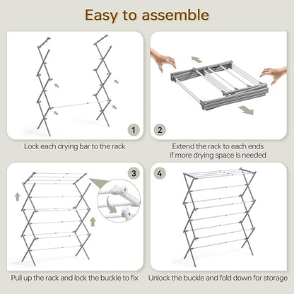 KINGBOARD Clothes Drying Rack, Collapsible Drying Rack Clothing with 11 Poles, 3-Tier Laundry Drying Rack, Small Clothes Drying Rack Foldable for Baby Clothes Sock Towel, 25lb Capacity, White & Grey