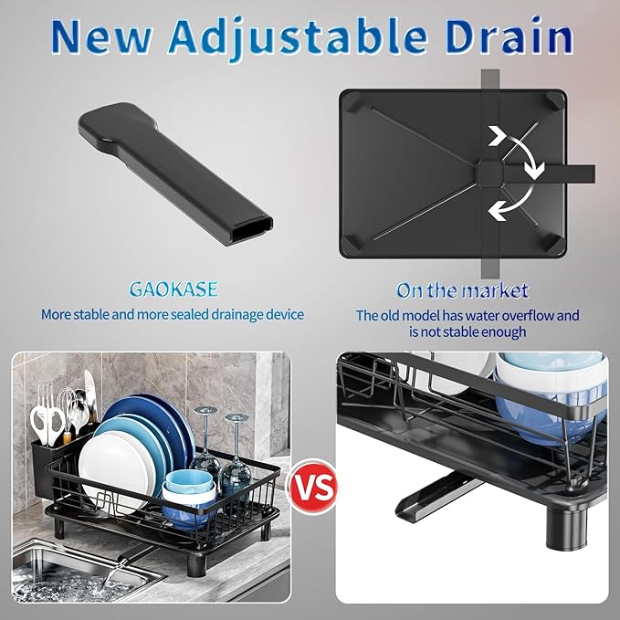 GAOKASE Dish Drying Rack, Stainless Steel Space-Saving Dish Rack, Dish Racks for Kitchen Counter, Kitchen Dish Drainers with Removable Utensil Holder,New Drain Outlet,Plate Rack and Drainboard, Black