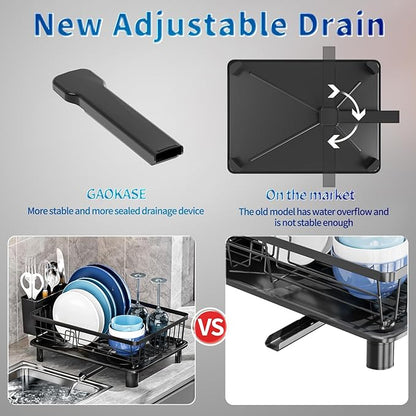 GAOKASE Dish Drying Rack, Stainless Steel Space-Saving Dish Rack, Dish Racks for Kitchen Counter, Kitchen Dish Drainers with Removable Utensil Holder,New Drain Outlet,Plate Rack and Drainboard, Black