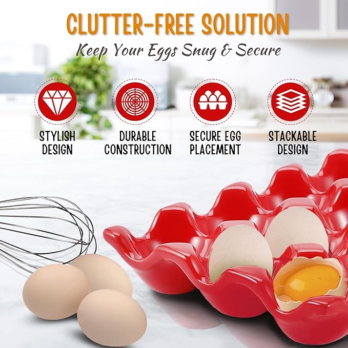 Flexzion 12 Cups Ceramic Egg Holder for Fridge - Dozen Ceramic Egg Tray Porcelain Container Storage Organizer Decorative Serving Stand Serveware for Refrigerator Countertop Display (Red, 2 Pack)