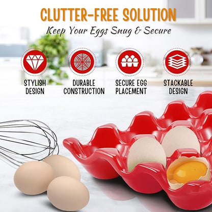 Flexzion 12 Cups Ceramic Egg Holder for Fridge - Dozen Ceramic Egg Tray Porcelain Container Storage Organizer Decorative Serving Stand Serveware for Refrigerator Countertop Display (Red, 2 Pack)