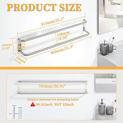 Alise Double Towel Bar,32 Inch Towel Racks for Bathroom, SUS304 Stainless Steel Towel Bar for Bathroom Wall,Quick Drying Bathroom Towel Holder,Long Bath Towel Hanger,Brushed Nickel