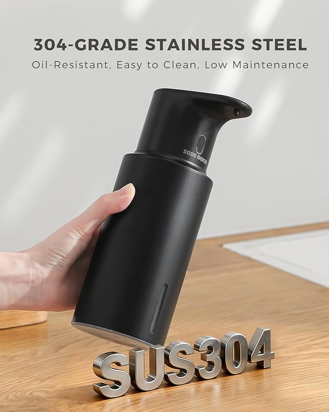 DODO MEKIA Automatic Foaming Soap Dispenser Touchless, 304 Stainless Steel Bottle Body & 16.2oz/480ml,USB Rechargeable, 3 Adjustable Liquid Levels, IPX7 Waterproof, for Kitchen Bathroom, Black
