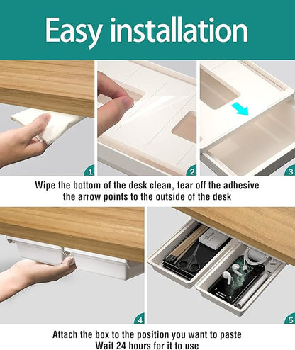 2Pack Under Table Desk Drawer Storage Organizer Slide Out, Hidden Self-Adhesive Under Desktop Pencil Tray Drawer for Office,Classroom,Kitchen(S/white）