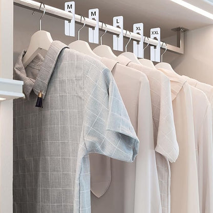40 Pack Rectangular White Plastic Clothing Size Closet Rack Dividers Hangers, Preprinted in 8 Sizes XXS, XS, S, M, L, XL, XXL, XXXL (2.5”x 5”, Inner Diameter 1.38”)