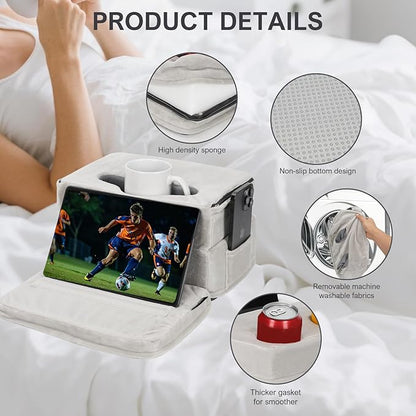 Couch Cup Holder Tray Pillow, Large Sofa Organizer Caddy with 6 Holes and Side Pocket Bed Refreshment Tray for iPad, Drinks, Remotes, Phones, Snacks, Removable & Washable (Silver)