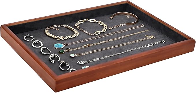 Elegant Wood Flat Jewelry Tray – 14"x9.5" Velvet Lined Display Organizer for Rings, Bracelets, Necklaces – Classic Wooden Storage for Vanity, Dresser, Countertop, Black&Brown