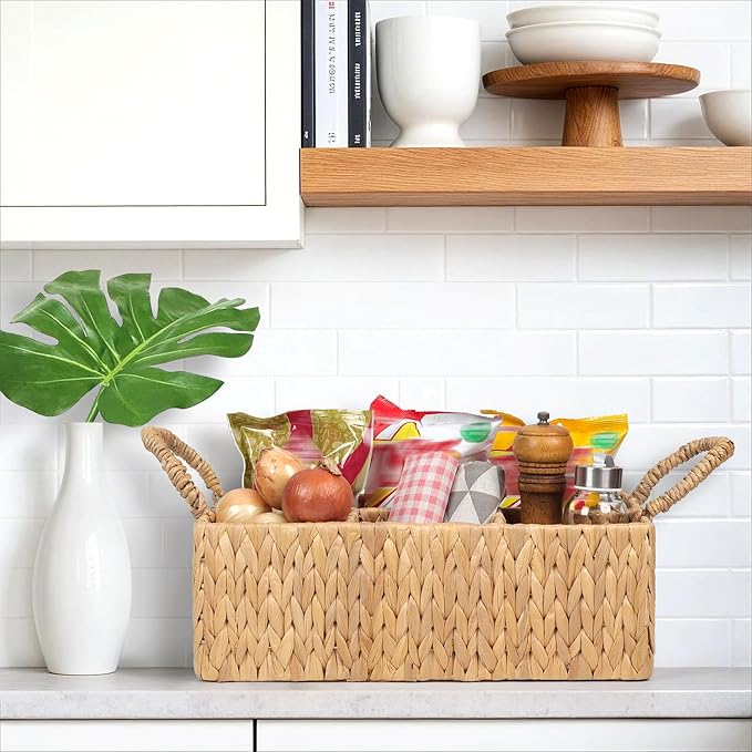 Divided Water Hyacinth Baskets with Handles, Storage Basket Woven Natural for Organizing Bathroom Kitchen Shelves Office Supplies Organization, Wicker Storage Baskets 4 Section Rectangular Tray