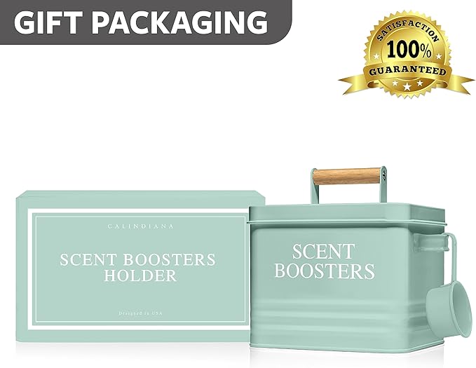 Calindiana Modern Farmhouse Metal Laundry Scent Booster Beads Dispenser Container with Scoop for Laundry Room Decor and Accessories and Space Saving Laundry Room Organization and Storage, Mint