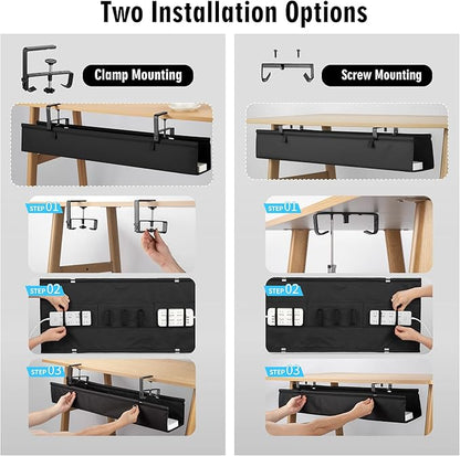 Desk Cable Management Tray, Fabric Cable Organizer, No Drill Large Clamp/Screw Mount Wire Organizer-Support Up to 30lbs, Standing Desk Cable Management for Office Home (Black,28 Inch)