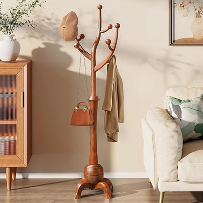 Wooden Coat Rack Freestanding with 8 Hooks, Heavy Duty Coat Hanger Stand with Stable Base, Vintage Coat Tree Standing Coat Racks for Entryway, Hallway, Bedroom (Light Brown)