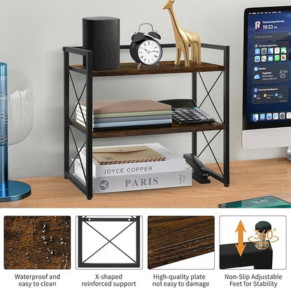 YINMIT Desktop Shelf Organizer, 2 Tier Office Shelves, Wood Desk Organizer Storage Rack and Freestanding Display Shelf for Office, Dormitory, Home