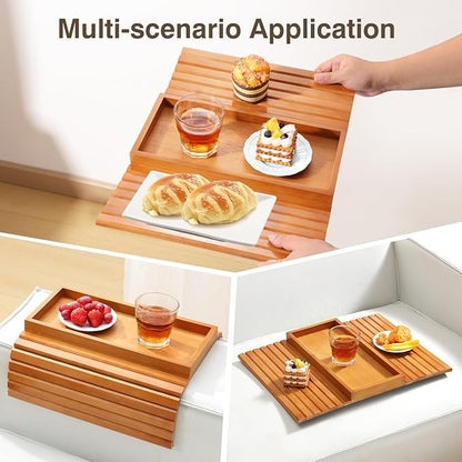 Couch Arm Tray, Bamboo Sofa Tray Table for Couch, Sofa Armrest Table, Anti-Slip Armrest Organizer, Foldable Couch Cup Holder for Snacks, Phone, Control, Cups, Light Brown