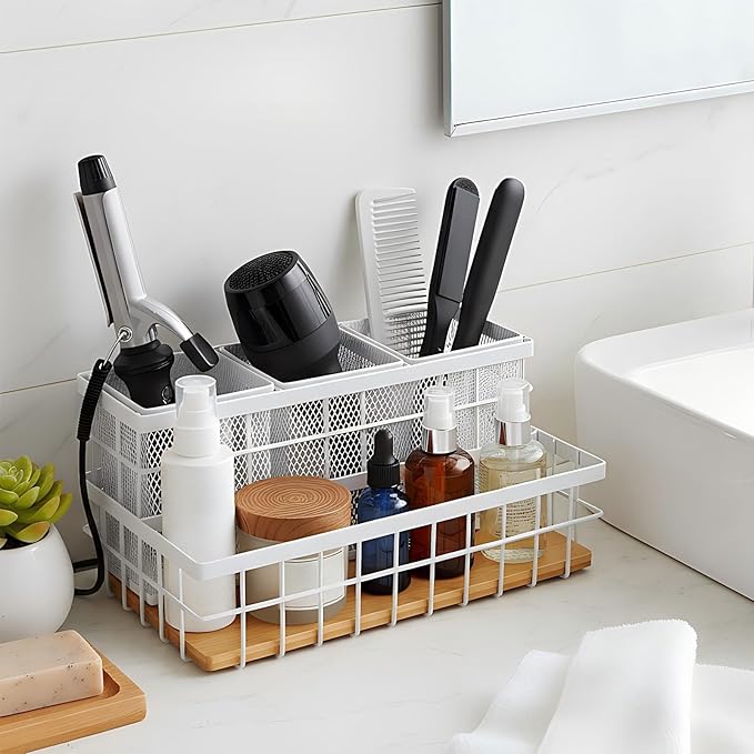 AceOrbit 1 Pcs Hair Tool Organizer Countertop Breathable Metal & Bamboo Hot Tools Organizer Under Sink Bathroom Hair Dryer Holder Countertop Brush Comb Holder,makeup tray (Natural Bamboo,White)