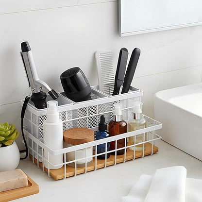 AceOrbit 1 Pcs Hair Tool Organizer Countertop Breathable Metal & Bamboo Hot Tools Organizer Under Sink Bathroom Hair Dryer Holder Countertop Brush Comb Holder,makeup tray (Natural Bamboo,White)