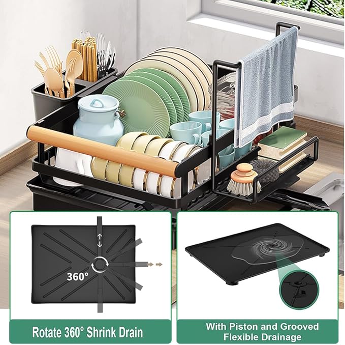 Dish Drying Rack for Kitchen Counter - Dish Drying Rack with Tray, Drying Rack for Kitchen Sink with Utensil Holder Swivel Spout, Black