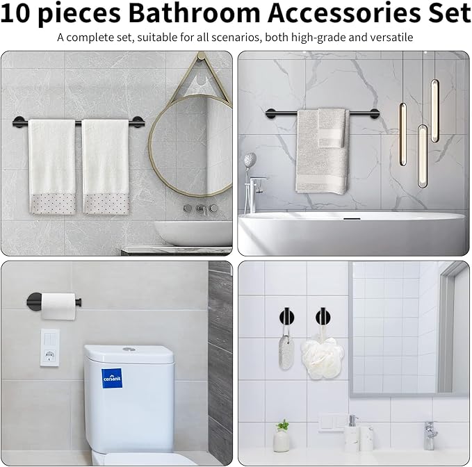 Newfun 10-Pieces 24 Inch Matte Black Bathroom Hardware Set, Includes 24 Inch Towel Racks for Bathroom Wall Mounted, Toilet Paper Holder, Towel Hooks for Bathrooms, Towel Rings for Bathroom Wall