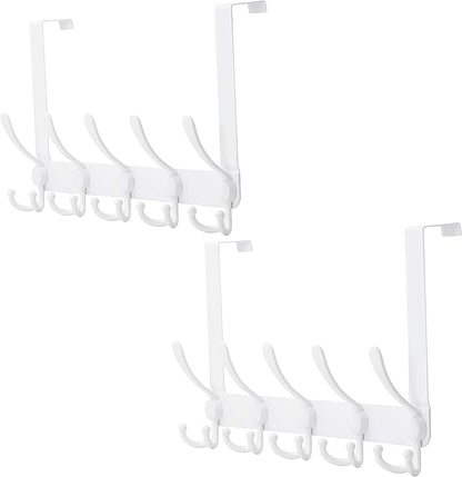 Dseap Over The Door Hook Hanger - Fits 1 3/8" to 1 3/4" Standard Doors | 5 Tri Hooks Heavy Duty Towel/Coat Rack | Door Organizer for Clothes, Jackets, Hats, Towels, White, Pack of 2