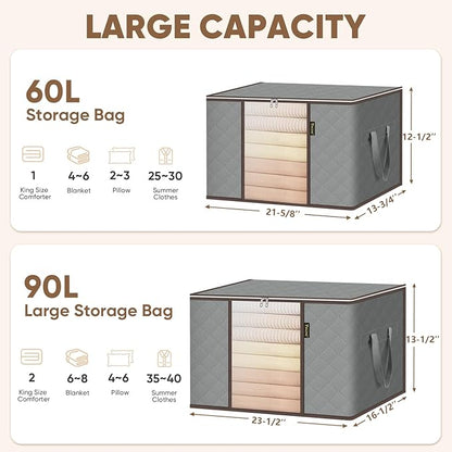 BALEINE 4 Pack Clothes Storage Bags, 16 Gallon Storage Containers with Reinforced Handle, Sturdy Zipper, Closet Organizer for Blanket, Comforter, Pillow, Bedding (Grey, 4 Pack)
