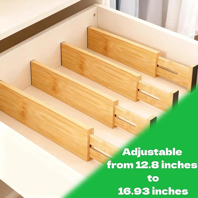 DZS Bamboo Drawer Organizer, 4-Pack Adjustable and Expandable Divider Insert for Kitchen, Bathroom, Office